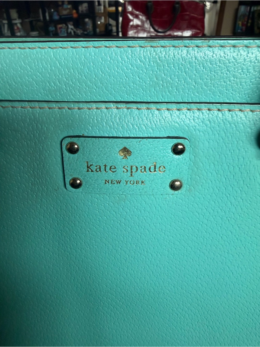 kate spade turquoise pebbled tote with gold-tone logo plate - Picture 3 of 9